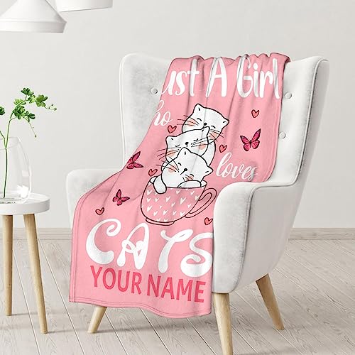 Personalized Cat Blanket Gifts with Name - 30"x40" Cute Throw for Girls - Pink Soft Fuzzy Blankets for Couch & Office