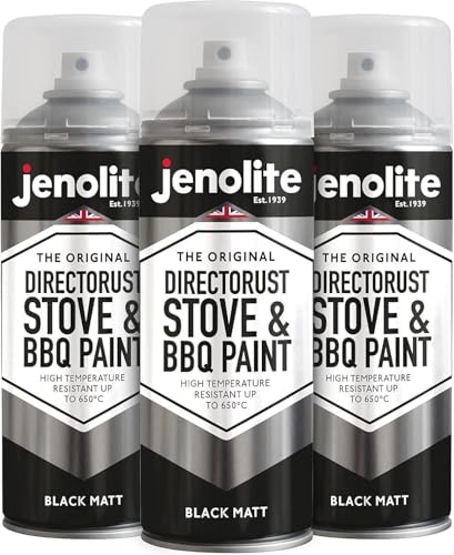 JENOLITE Directorust Pintura en aerosol para barbacoa y estufa | NEGRO | Resistente a temperaturas muy altas hasta 650°C | Barbacoas, estufas, chimeneas, automoción | 3x400ml