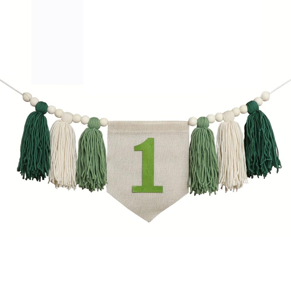 Birthday Banner, 1st Highchair Banner with Wood Beads & Tassels Hanging Decoration for Party Holiday Anniversary Celebration