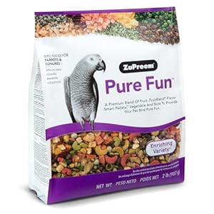 ZuPreem Pure Fun Bird Food, Parrot, Conure, Caique, African Grey, Eclectus, Small Cockatoo, Bird Seed and Pellets Blend, Feed Mixer Topper, Enriching Variety, Parrot Food, (M/L, 2 lb Bag)