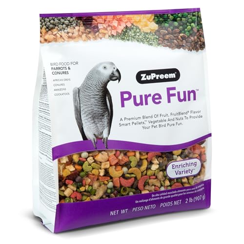 ZuPreem Pure Fun Bird Food, Parrot, Conure, Caique, African Grey, Eclectus, Small Cockatoo, Bird Seed and Pellets Blend, Feed Mixer Topper, Enriching Variety, Parrot Food, (M/L, 2 lb Bag)