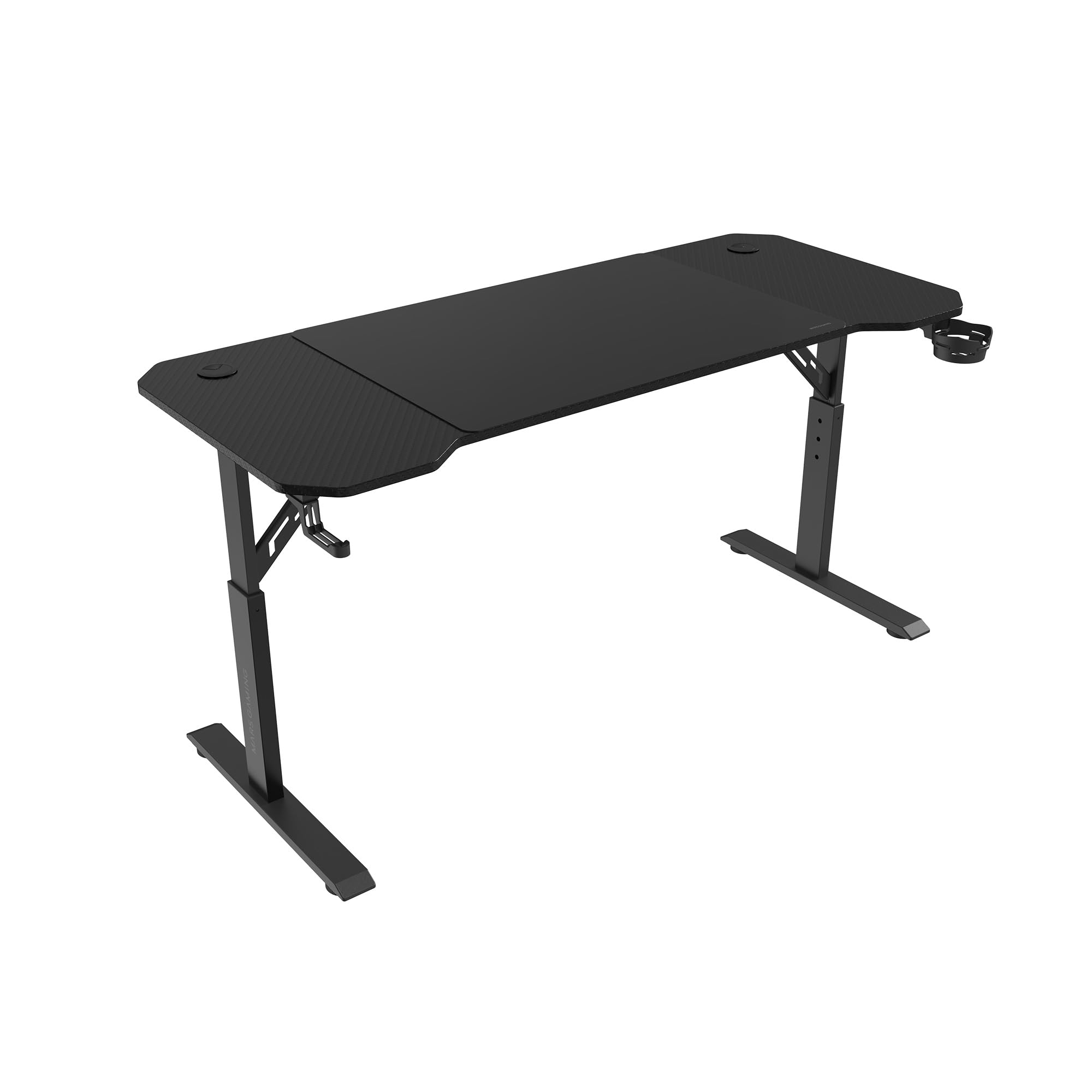 Mars Gaming MGD-ERGO140, Mesa Altura Ajustable 3 Posiciones, Superficie Ergonómica, Estructura Metálica, Alfombrilla XXL, Soporte Auriculares + Bebida, Gestión Cableado, Mesa Gaming 140x60cm, Negro