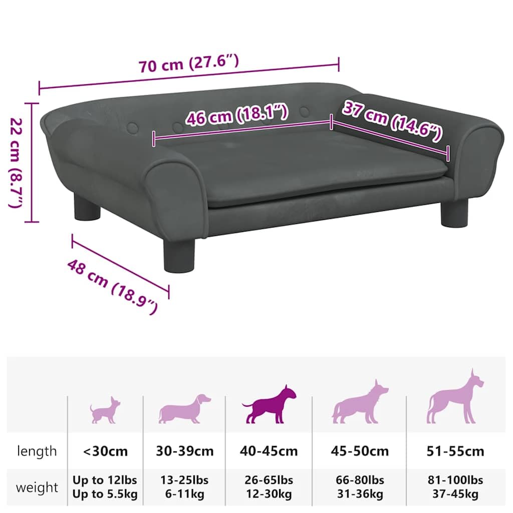 Cama para perro gris oscuro 70x48x22 cm de terciopelo con espuma gruesa, marco de madera de pino macizo y cuatro patas estables, cómodo sofá para mascotas.