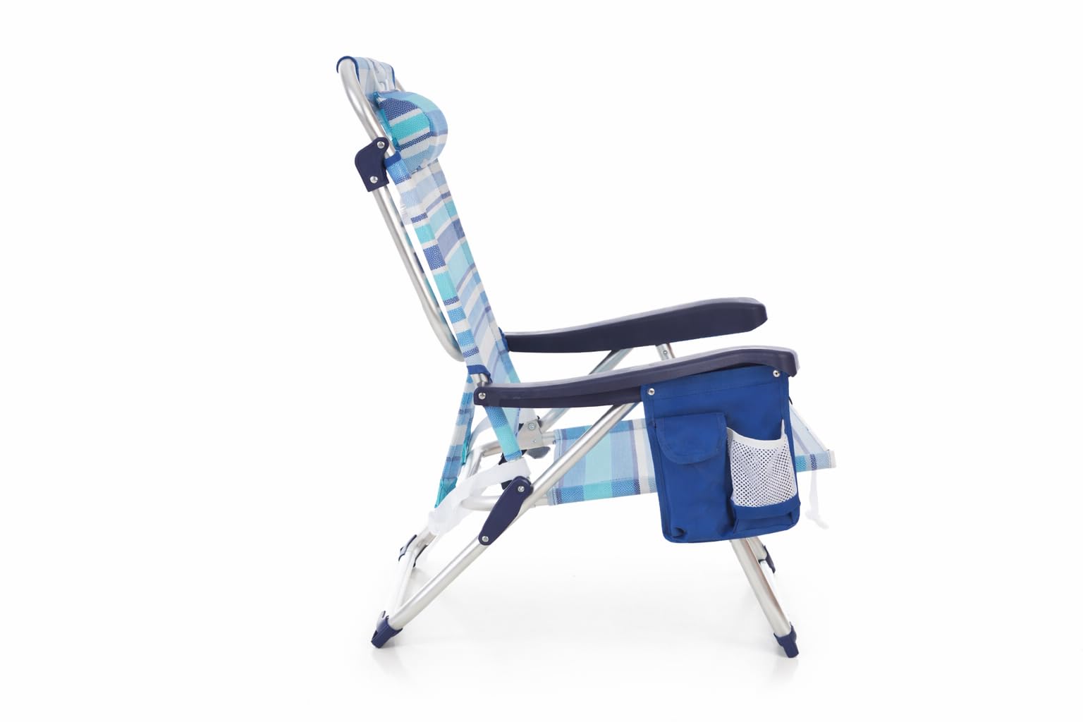 ARW - Silla de Playa Plegable con Bolsillo Lateral, 5 Posiciones Reclinables, Estructura de Aluminio Ligera, Cojín Reposacabezas, Asas Mochila y Cierre Clic, Soporta 110 kg (Rayas Azules 1 Unidad) — view 4