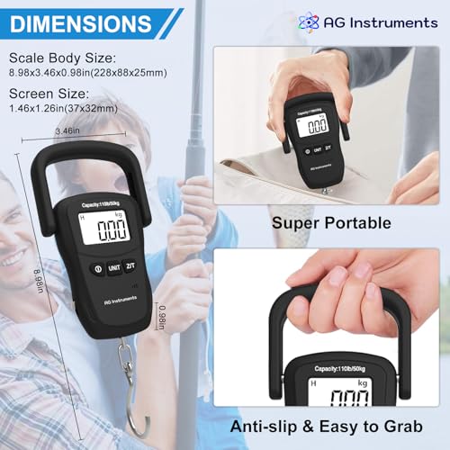 Fish Scale, Digital Hanging Scale, 110lb x 1.6oz Accuracy, Durable Large Handle, Measuring Tape, Fishing Scale Luggage Scale, Hay Scale