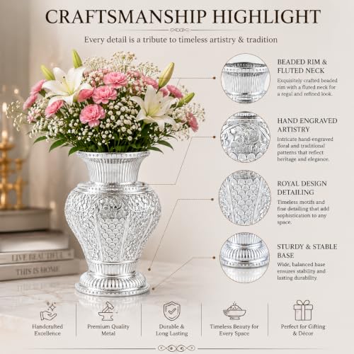Image of Silver Plated Aluminium Flower Vase | Embossed Vase for Fresh & Artificial Flowers | Luxury Table Centerpiece | Living Room, Office, Hotel & Home Decor | Ideal Gift (9 x 6) inch
