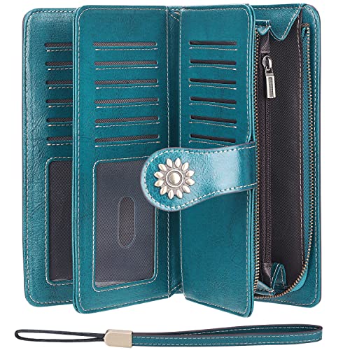 Lavemi Womens Large Capacity Genuine Leather Rfid Blocking Wallets Wristlet Clutch Card Holder(1- Peacock Blue) #TOP2