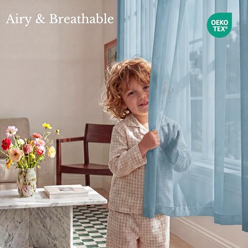 Image of NICETOWN Stone Blue Sheer Curtains for Kids Room, W42xL63, 2 Panels | Rod Pocket Lightweight Drapes Voile Sheer Air & Breathable Home Decor Window Treatments for Bedroom