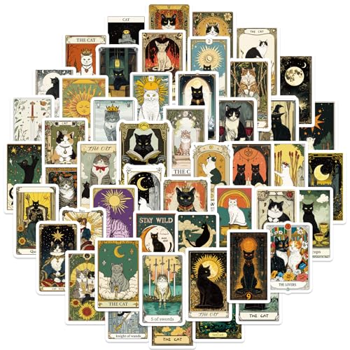 50PCS Cat Tarot Stickers Medieval Tarot Stickers Waterproof Decorative Decals for Scrapbook DIY Crafts Laptops Water Bottles Phone Cases