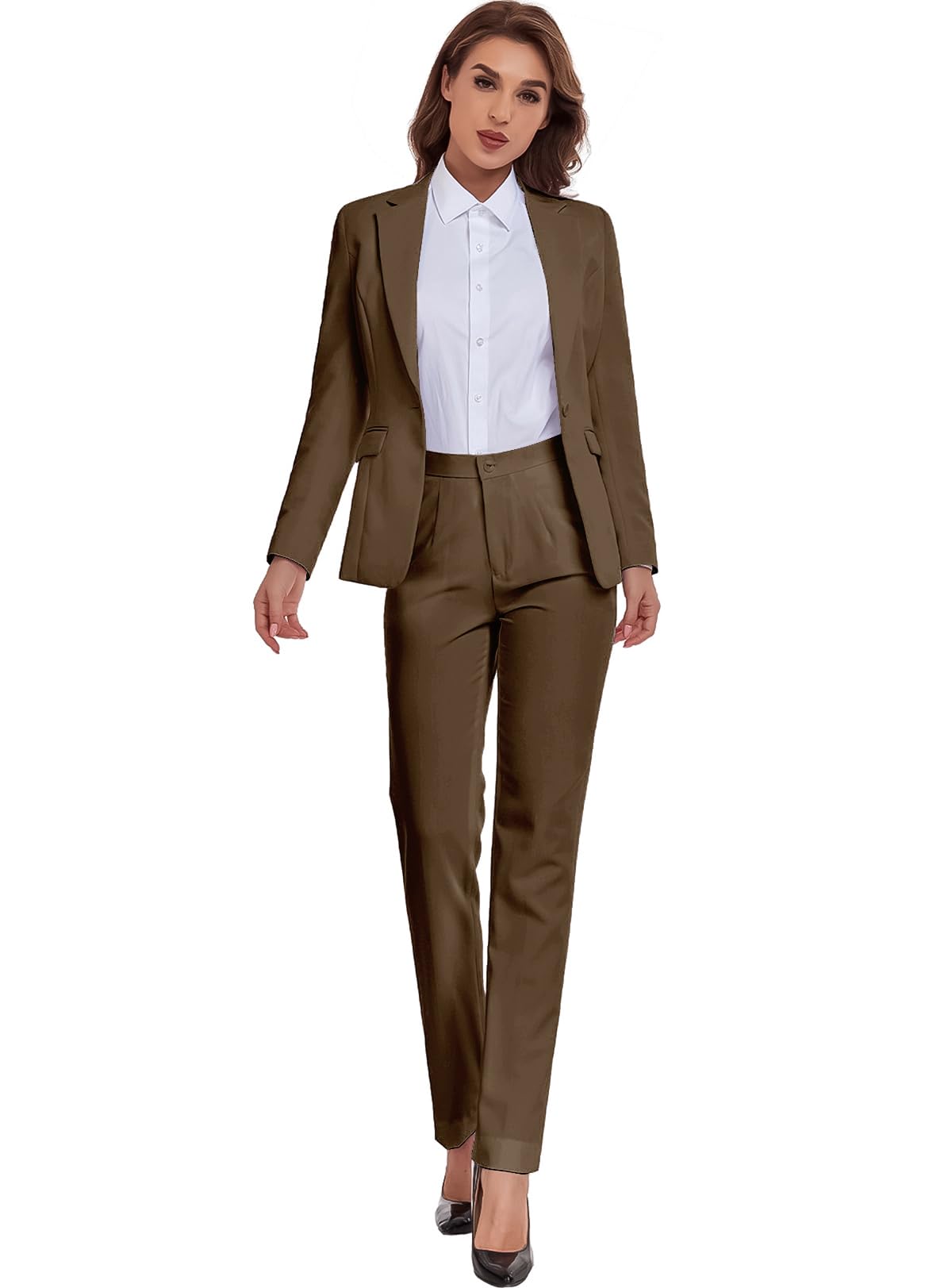 Photo 1 of Women Suiting Long Sleeve Slim Fit 2 Piece Brown Dressy Jacket Pants Suit Set Business Casual Work Office Blazer Outfits M