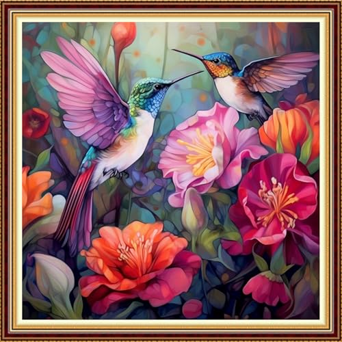 Image of Fanxvivy Stamped Counted Cross Stitch Kits for Adults Printed Cross-Stitch Patterns 11CT Stamped or Counted Cross Stitching Embroidery Kit Needlepoint Kits-Hummingbird Flowers 18x18 inch