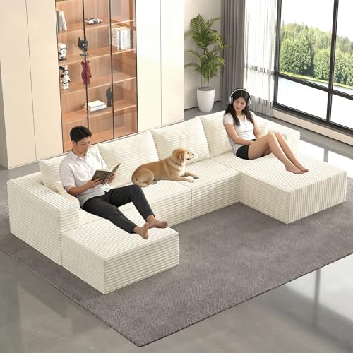 Image of 138 inch Modular Sectional Sofa, Modern U-Shaped Cloud Couch, Soft Corduroy Boneless Couch with 3060 High Rebound Memory Foam, Sectional Couches for Living Room - Beige (Right Facing Chaise)
