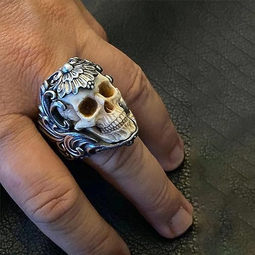 Vintage Polish Floral Armor Antler Skull Ring, Adjustable Open Gothic Skull Rings, Unique Skull Vintage Ring Jewelry Gift for Him (8-11)2