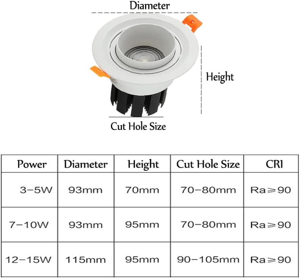 10pack Focusing Downlight Zoom Beam Angle Adjustable 15/45/60 Degrees LED COB Recessed Downlight 3W, 5W, 7W, 10W, 12W, 15W LED Ceiling Spot Light for Picture Background Spotlight