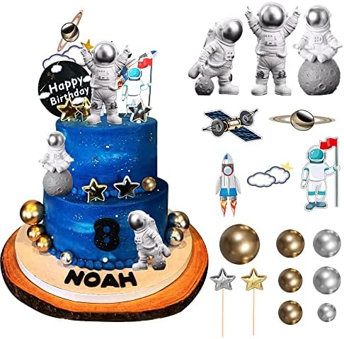 28 Pieces Astronaut Space Cake Toppers Outer Space Astronaut Figurines Planet Rocket Satellite Pearl Balls and Stars Kids Space Theme Decorations for Birthday Party Supplies Baby Shower