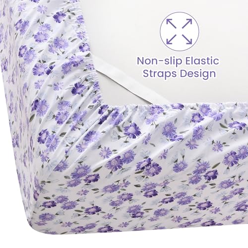 Image of Softan Puple Floral King Sheet Set, 4-Piece Microfiber Printed Fitted Sheet with 15 inch Deep Pockets & Non-Slip Straps, White Flower Patterned Bedding Sheets & Pillowcase Set