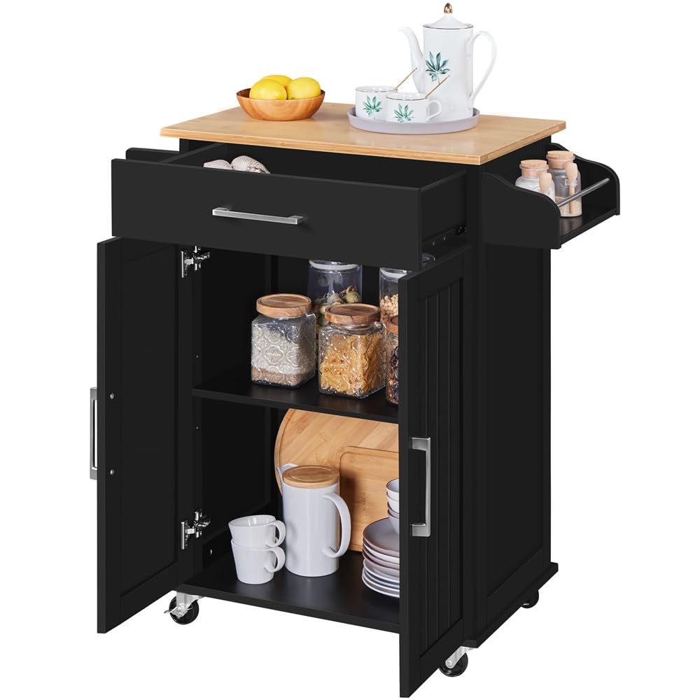 Yaheetech Carrello da Cucina con Ruote Cassetto a 2 Ante Piano di Lavoro Carrellino Salvaspazio con Portasciugamani e Portaspezie Moderno Porta Microonde 91,5 x 66 x 45,5 cm Nero