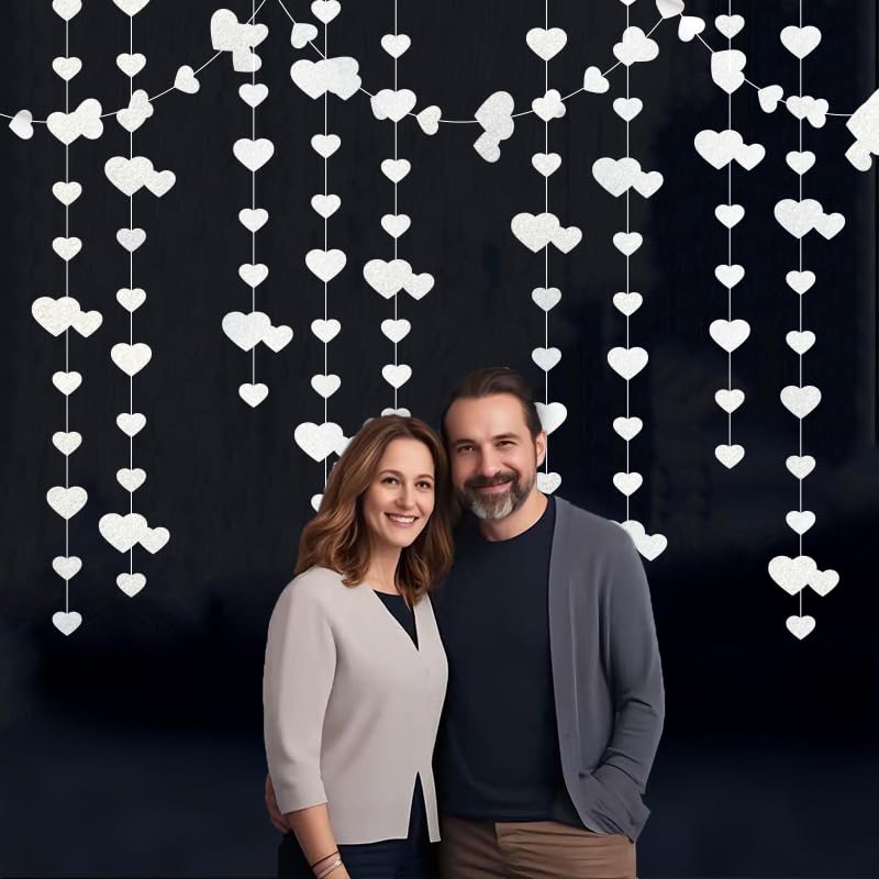 Image of White Hanging Heart Garland Sparkling Love Streamer Glitter Bunting Banner Twinkle Heart Backdrop for Wedding Engagement Valentines Galentines Birthday Party Decor 40 Feet