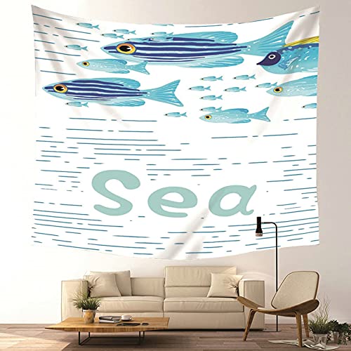 Tapiz de pared de poliéster azul lavable y resistente con estampado de peces 4