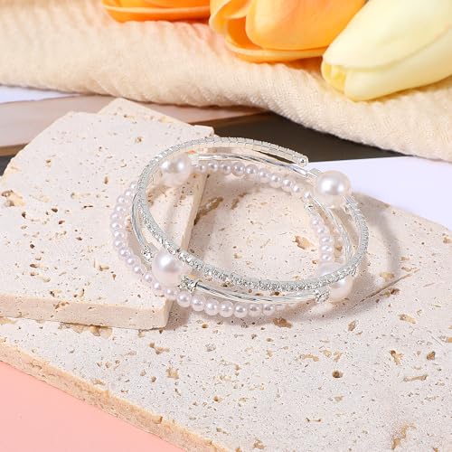 Pearl Bracelets for Women Silver Silver Stretch Bracelets for Women Stackable，Three Layer Bracelet with Pearls and Rhinestones Exquisite Jewelry Decoration4