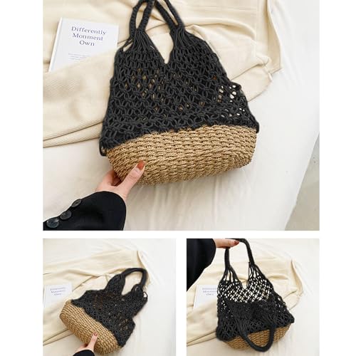 Bolsa tote tejida a mano de algodón para mujer negra miniatura 5