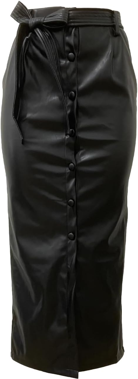 Women Button Down Front Slit Faux PU Leather Maxi Long Skirt with Belt - Image 4