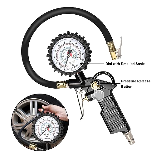 Gaethra Reifendruckprüfer mit Flexiblem Schlauch, Reifenfüller für Auto, Motorrad, Manometer Messbereich: 0-16 BAR/220 PSI