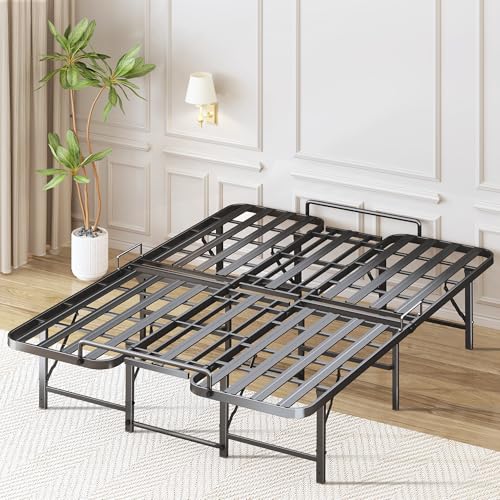 Foldable Queen Bed Frame, Heavy Duty Folding Bed Frame Queen Size,14 Inch Sturdy Metal Platform Bed with 12 Unshakable Legs, No Box Spring Needed, Tool-Free Assembly, 13' Under Bed Storage, Black