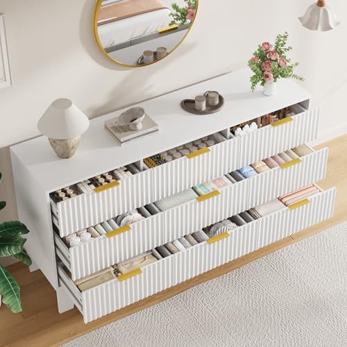 Image of Garvee 9 Drawer Dresser for Bedroom, 59 inch Wide Fluted Chest of Drawers with Metal Handle, Modern Wooden Dresser TV Stand, Clothes Storage Organizer Wood Closet for Hallway, Entryway, White