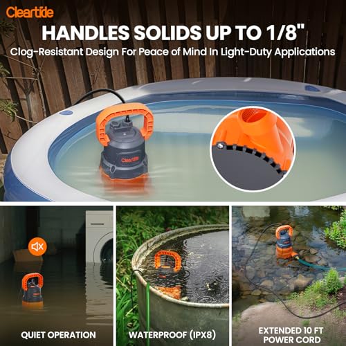 Image of Cleartide Submersible Utility Water Pump, 2160 GPH Portable Sump Pump with Copper Motor, Plug and Work for Pond, Garden Watering, Pool Transfer, or Hot Tub Emptying