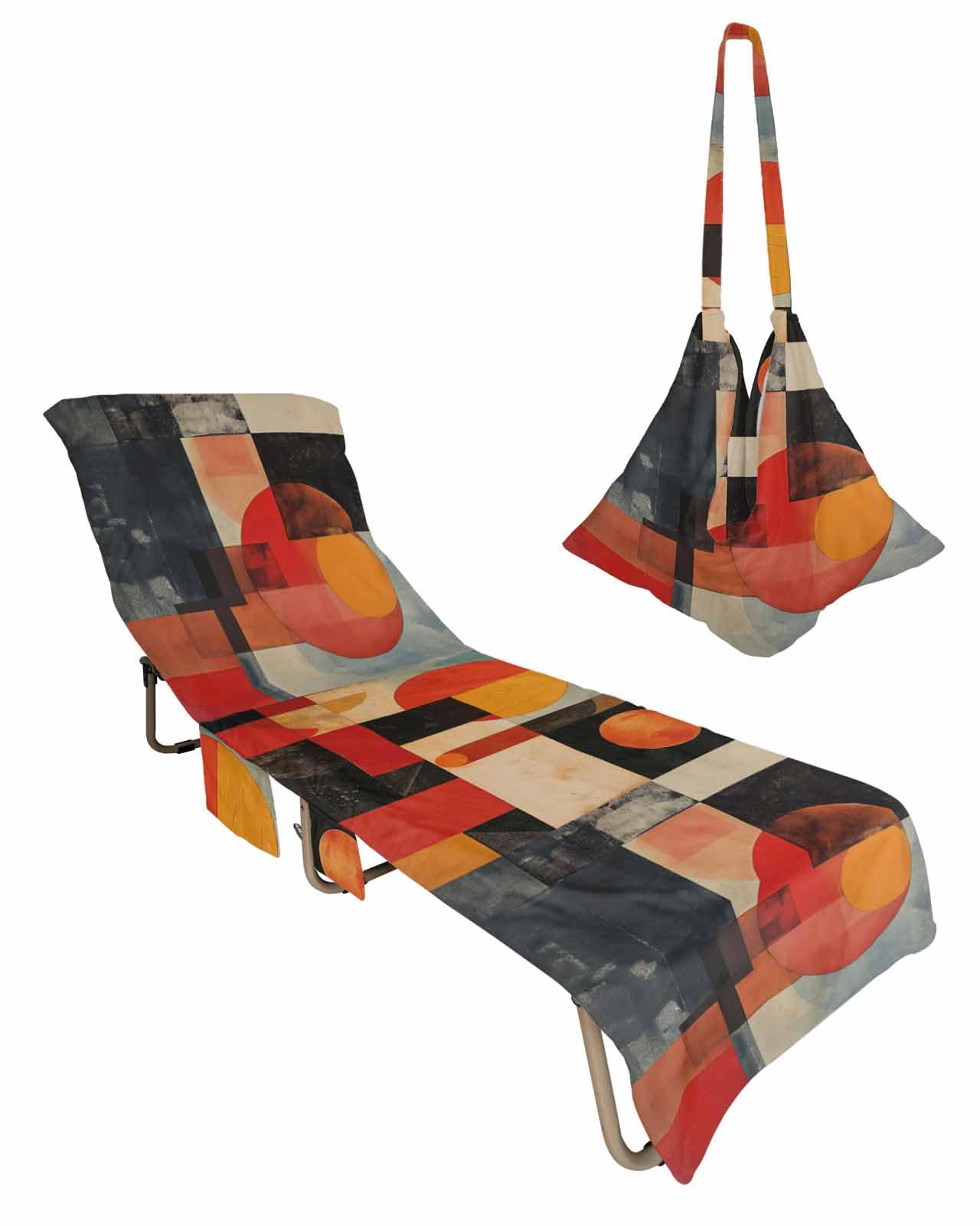 Abstract Orange Beach Chair Towel Covers for Chaise Lounge with Side Pocket, Soft Plush Pool Towels Cover for Patio Sunbathing Outdoor Shabby Chic Geometric Circle Red Black 29''x85''