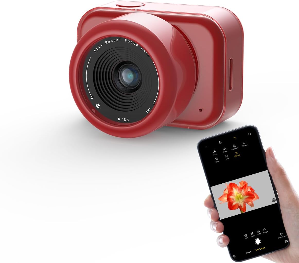 ATLI T100 Lite Time Lapse Camera 1080P HDR Professional WiFi APP Control Manual Focus Timelapse Video Camera for Plants Indoor Construction (Red)