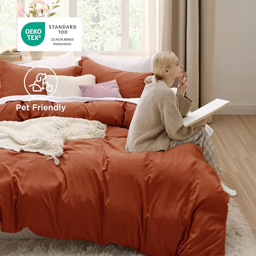 Image of Bedsure Terracotta Duvet Cover King Size - 3 Pieces Prewashed Cotton-Like Extra Soft Bedding Set, Includes 1 Duvet Cover 104x90 Inches with Zipper Closure & 2 Pillow Shams, Comforter Not Included