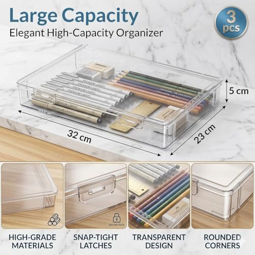 Image of Klick n shop A4 Clear File Storage Box Transparent Plastic Document Organizer with Secure Latching Lid, Stackable Paper Holder for Office, School & Home Use (PACK OF 4)