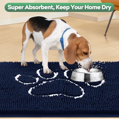 Dog Door Mat for Muddy Paws, Pet Rug Chenille Absorbent Outdoor Doormat 36"x 24", Non Slip Heavy Indoor Doormat Soft Front Inside Doormats for Entryway, Mud Paws, Patio,Dog Paw Navy Blue