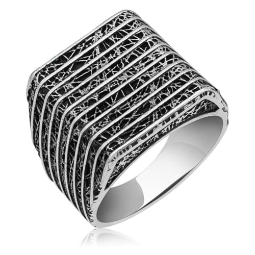 925 Sterling Silver Modern Geometric Men’s Ring – Layered Textured Square Statement Band – Handmade Architectural Style Silver Jewelry Gift