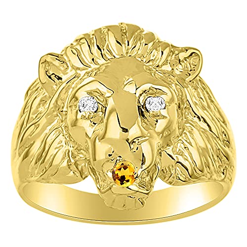 Image of Rylos Lion Head Ring Color Stones Eyes & Diamond Mouth - Fun Designer Rings in Sizes 8-13 in Yellow Gold Plated Silver