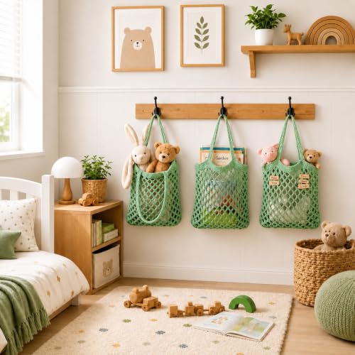 Image of Honeydak 3 Hanging Baskets, Sage Green, Mesh, Cotton Rope