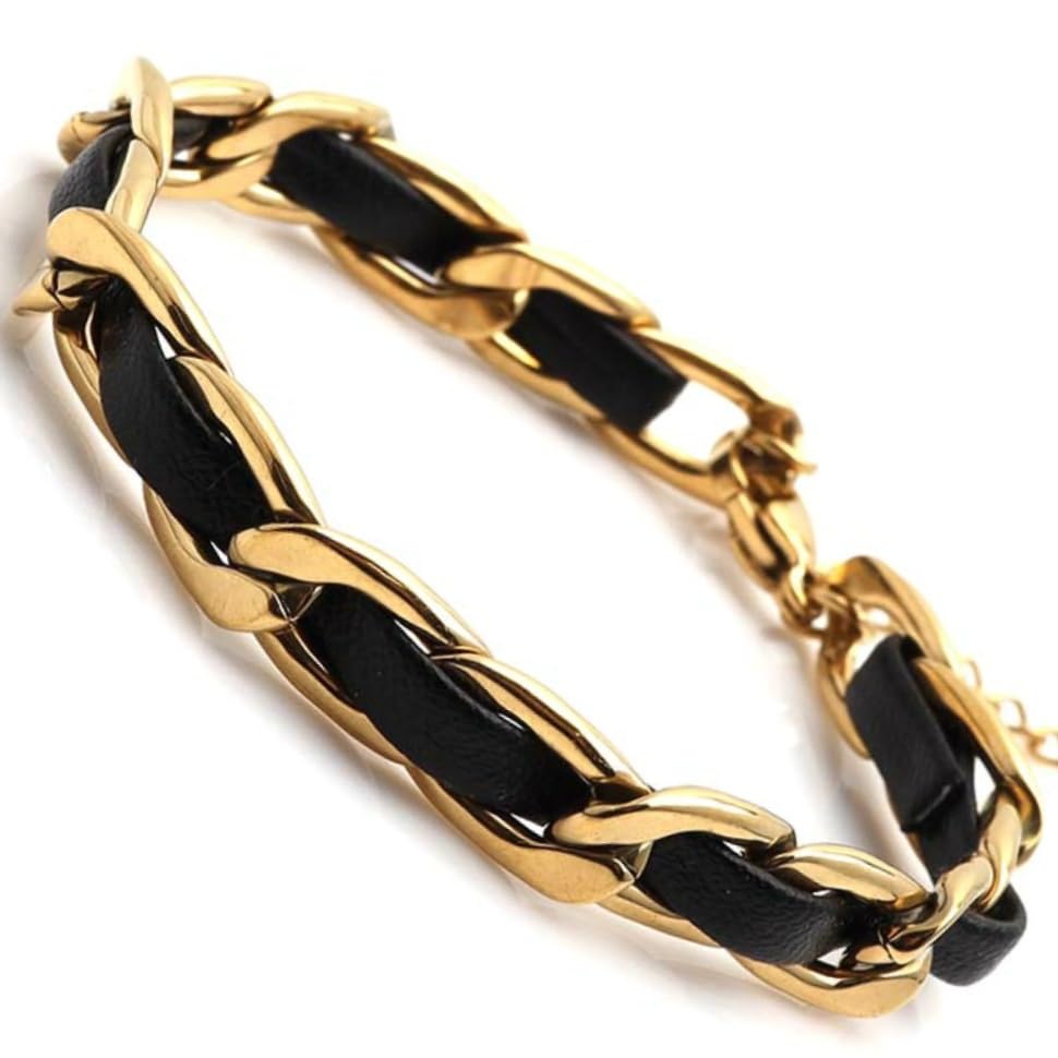 Gold Bracelet for Women, 18K Gold Plated Trendy Bracelet with a Leather Braiding, Small Size 6.2 + 2.3 inches in Length, Presented in a Beautiful Gift Box
