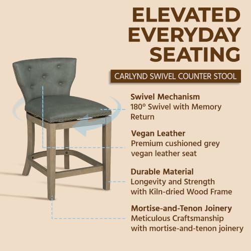 Image of ROME + OAK Carlynd 26 inch Counter Stool, Low Back Swivel Kitchen Barstool in Reclaimed Oak Finish with Grey Stone Vegan Leather Upholstered Seat