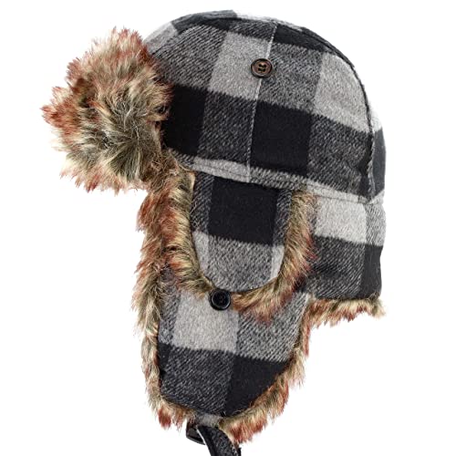 Image of Faux Fur Safety Reflective Plain Plaid Aviator Trapper Hat Snow Ski Trooper Winter Cap