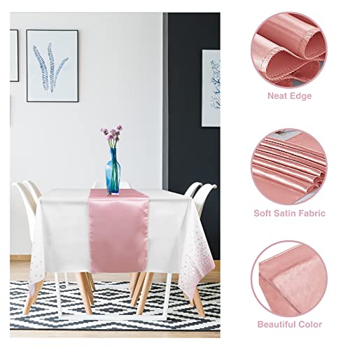 16 Pack Disposable Plastic Tablecloths And Satin Table Runner Set White And Rose Gold Dot Tablecloth Rose Gold Satin Table Runner For Wedding Birthday Baby Shower Anniversary Christmas New Year Party #TOP2