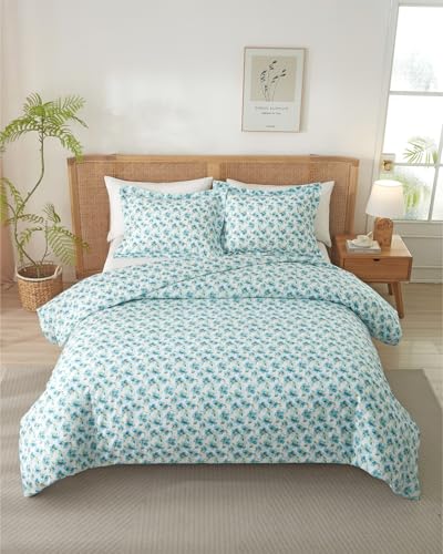 Image of Duvet Cover Cal King Size Set - Extra Soft Floral Duvet Cover 104 x 98 with 2 Pillow Shams - Comfy, Breathable Floral Bedding Set - Hotel Luxury & Fade Free with Zipper Closures & Ties - Blue Peony
