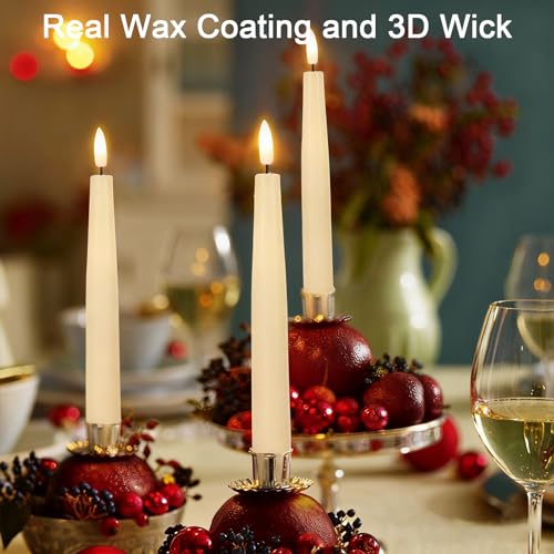 Image of Real Wax Flameless Taper Candles with 6H Timer, LED Flickering Taper Candles Battery Operated with 3D Wick, 4 Pcs Ivory Flameless Candlesticks for Spring Wedding Home Decor