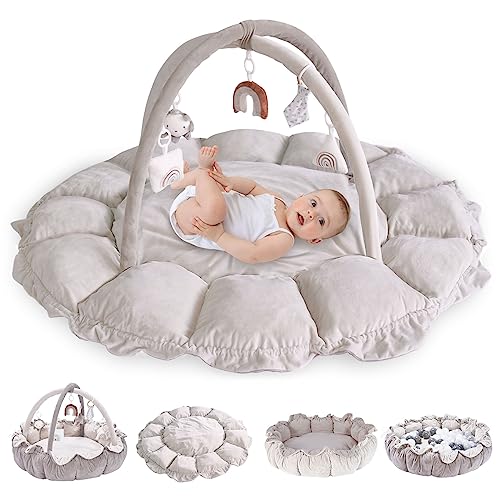Image of 5-in-1 Convertible Baby Play Gym with 6 Toys, Tummy Time Mat for Sensory Development, Baby Activity Center from Newborn to Toddler, Ball Pit, Cat & Dog Bed, Soft Plush Pet Bed, No Ball Included