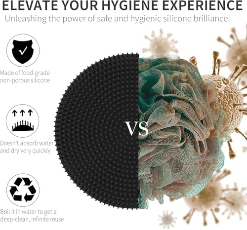 Image of Silicone Body Scrubber & Scrub Nets, BEAUTAIL 4 Pack - Rich Foam and Exfoliation with Gentle Brush or Firmer Net Options - Hygienic, Durable, Easy to Clean - 2 Brushes (Black+Blue), 2 Nets (Gray+Blue)