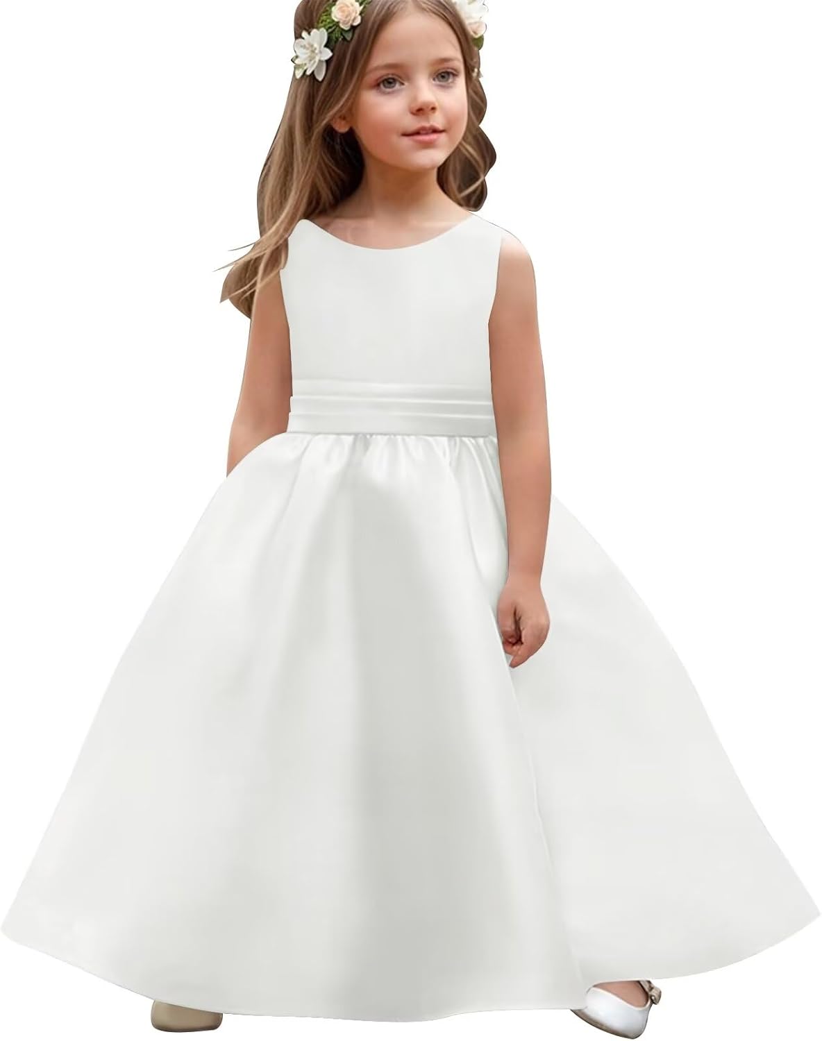 Bow-Knot Flower Girl Dress for Wedding Satin Sleeveless Dresses Crew Neck Princess Evening Party Long Ball Gowns