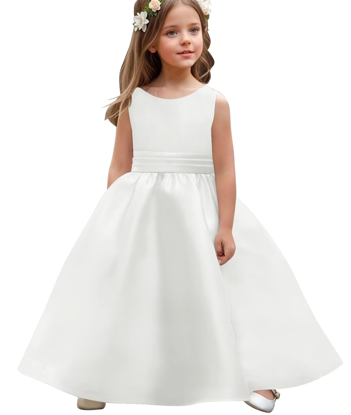 WDCVGTR Bow-Knot Flower Girl Dress for Wedding Satin Sleeveless Dresses Crew Neck Princess Evening Party Long Ball Gowns