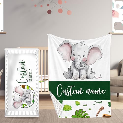 HSHRYY Personalized Name Baby Crib Bedding Set, Custom 2 Piece Set for Boys, Soft Blanket with Dotted Backing and Fitted Sheet, Lovely Elephant