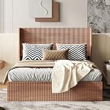 VMU Fluted Queen Size Bed Frame with Lift Up Storage, Mid Century Modern Wooden Platform Bed Frame with Headboard, Hydraulic Lift Storage, No Box Spring Needed, Noise-Free Slat Support, Walnut